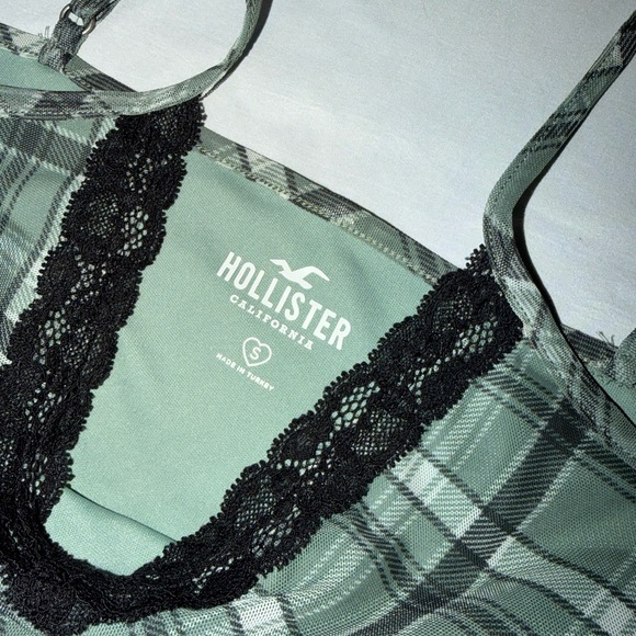 Hollister Green Plaid Lace Trim Cami Crop Tank Y2K Grunge Size S - Picture 3 of 5